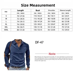 Size chart for men corduroy polo shirt including length, bust, shoulder and sleeve measurements