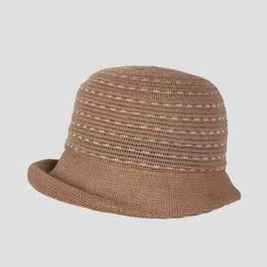 Detail of dark brown linen knit bucket hat featuring white horizontal stripes and rolled edge