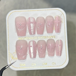Pink Cat Eye Press On Nails With Bow Star Glitter Artificial Pearl Decorations Handmade Trapezoid False Nails For Women Sweet Elegant