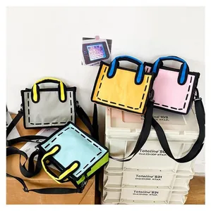 Detail of 2D comic style canvas tote bags in four vibrant colors with bold black edges