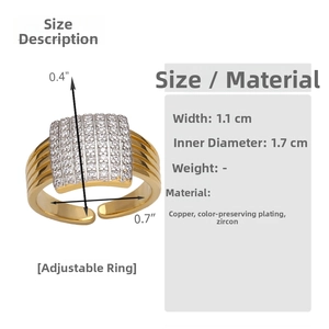 Detail of multi-layer gold open ring with cubic zirconia inlay and 1.1cm width dimensions