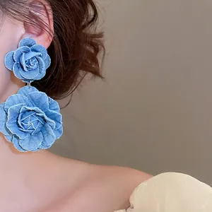 Blue denim fabric flower drop earrings featuring handmade double rose layers for women