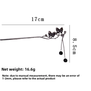 Detailed size guide of metal hair stick with butterfly ornament and tassels