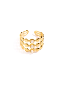 Macro view of triple-layered 18K gold stainless steel ring set with three white pearls