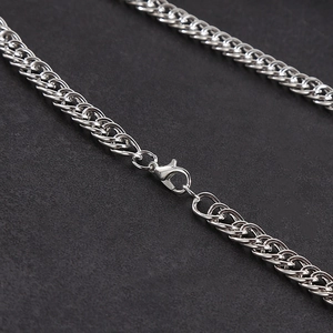 Detail of silver chain necklace with polished double-loop links and lobster clasp