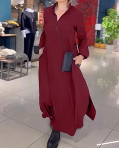 Long sleeve V-neck wine red maxi dress with side slits and casual loose fit