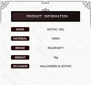 Detailed product specifications for the black mesh Gothic Veil showing material and weight