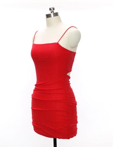 Detail of red sexy backless mini dress with sparkling knit fabric and ruched texture