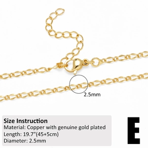 Detailed size view of gold-plated Figaro chain necklace with lobster clasp and metrics