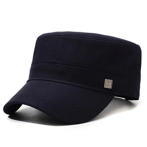 Classic dark blue cotton military flat top cap for men with metal logo and sun protection