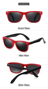 Red and black TR silicone sunglasses for kids shown from front, side and folded views