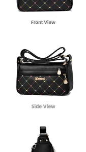Close-up of black PU leather bag with colorful diamond stitching and gold Davni logo