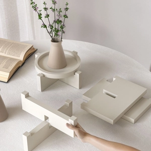Minimalist oatmeal resin round tray with modular interlocking stand for home decor