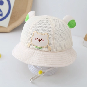 Detail of breathable mesh kids sun hat with green ears and adjustable windproof cord