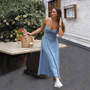 Slim fit light blue denim midi dress with V-neck straps and fishtone waist design