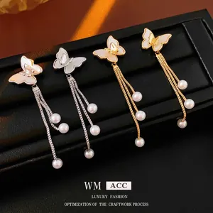 Butterfly Tassel Artificial Pearl Earrings With Silver Earring Post Copper Fritillaria French Retro Chic Style For Women Elegant Fashion