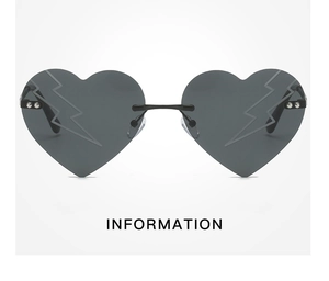 Detail of heart-shaped rimless sunglasses with lightning print and metal nose bridge