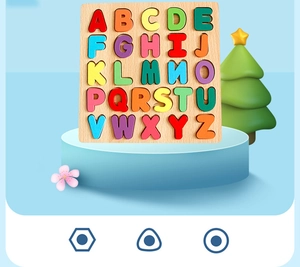 Close-up of colorful wooden alphabet blocks with wood grain texture on blue platform