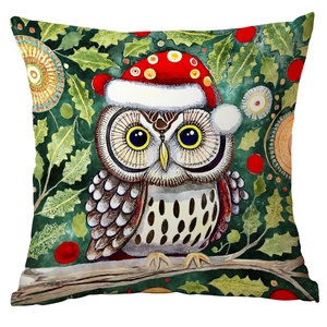 Detail of Christmas owl throw pillow cover with watercolor print on square cushion case