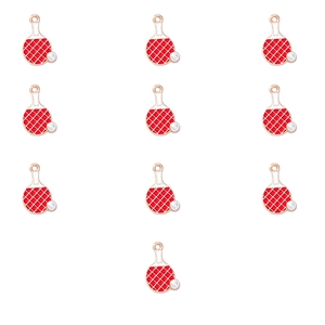 Detailed set of 10 red table tennis paddle charms with gold trim and white pearl accents