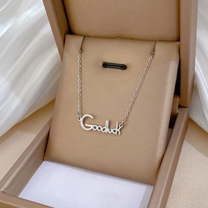 Makroaufnahme der silbernen 'Goodluck' Halskette mit Anhänger in einer braunen Schmuckbox