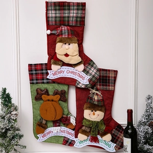 Three-piece 3D Christmas stockings featuring Santa, reindeer, and snowman characters