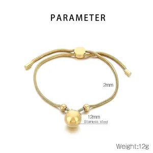 Verstellbares 2mm Schlangenarmband mit 12mm Goldkugel-Schiebeverschluss aus Edelstahl