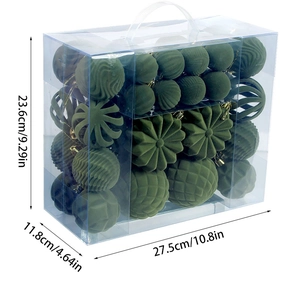 Transparent box containing 48 dark green flocked Christmas balls with size dimensions