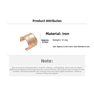 Detail of rose gold hammer textured cuff bracelet with iron material specs and dimensions