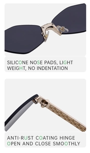Detail of soft silicone nose pads and rust-proof metal hinges on rimless sunglasses