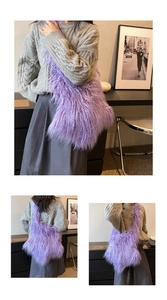 Three-angle views of a purple faux fur tote bag showing front, back, and side textures