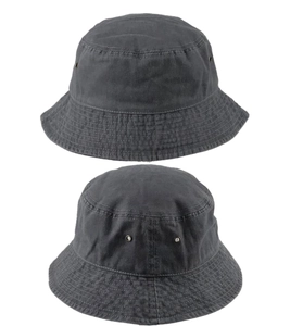 Detail of dark grey cotton bucket hat with breathable eyelets and stitched brim