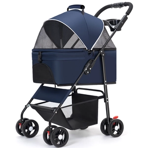 Opvouwbare hondenbuggy met blauwe mand, verstelbare kap en gaasvensters voor katten en honden