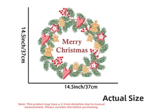 Detailed view of Merry Christmas wreath wall sticker with size measurements in inches