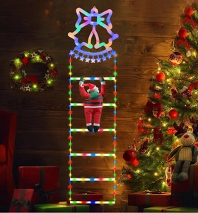 Detail of Santa climbing LED light ladder with neon bell and festive gift boxes