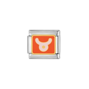 Charm modulare italiano in acciaio inox con segno zodiacale Toro in smalto arancio e rosa
