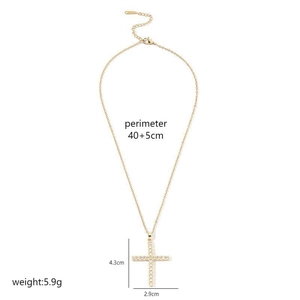 Detail showing dimensions of gold cross necklace with 40+5cm chain and 4.3x2.9cm pendant