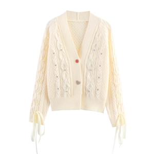 Women Knitted Cardigan Sweater V Neck Cable Knit With Artificial Pearl Rhinestone Lace Up Bow Cuff Heart Button Chic Elegant