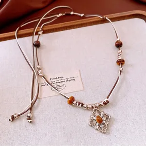 Tiger eye stone rhombus earrings and necklace set with vintage hollow design and woven cord