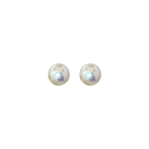 Elegant pair of round white pearl stud earrings with a glossy finish on white background