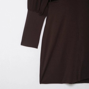 Deep brown knitted mini dress featuring pleated sleeves and ribbed cuffs for a chic look