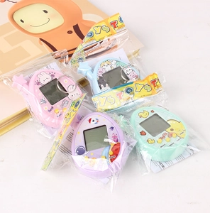 Close-up of four virtual pet game consoles in pink, blue, purple, and green with keychains