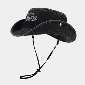 Washed Cotton Bucket Hat With Windproof Rope Retro American Western Style Wide Brim Outdoor Sun Protection Cowboy Hat
