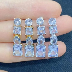 Hip hop zircon dangle earrings in gold and silver finish with four geometric crystals