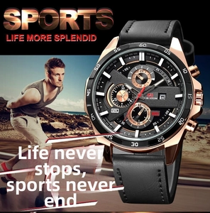 Detail of rose gold chronograph watch with calendar and triple sub-dials on black strap