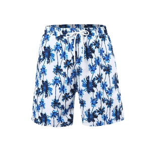 Short de plage blanc pour homme avec imprimé palmiers bleus et taille à cordon
