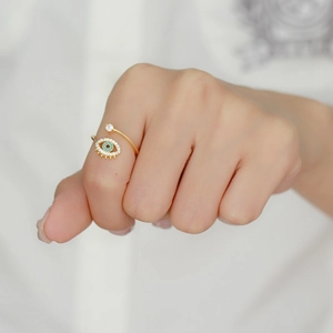 925 Sterling Silver Evil Eye Ring in Gold with Blue and Black Gemstones for Women