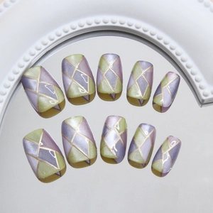 Cat eye press on nails with olive green and purple geometric gold plaid pattern