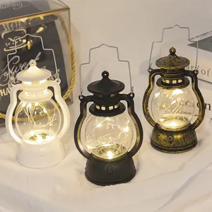 Retro Christmas LED lanterns in black, white, and bronze with glowing fairy lights inside