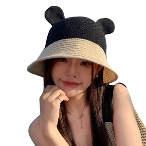 Women's color-block straw bucket hat with cute ears in black and beige design